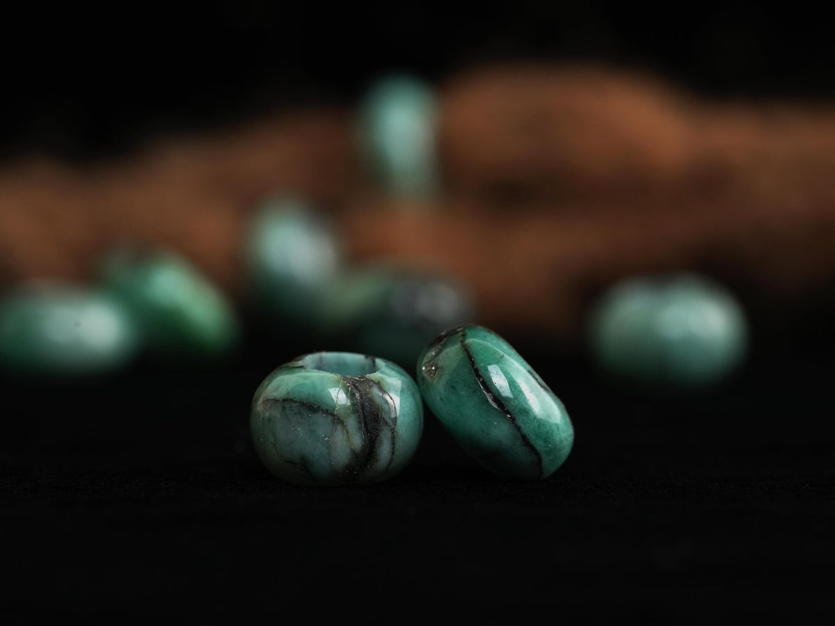Emerald Dread Beads in Button Shape – Set of 2, Natural Stone