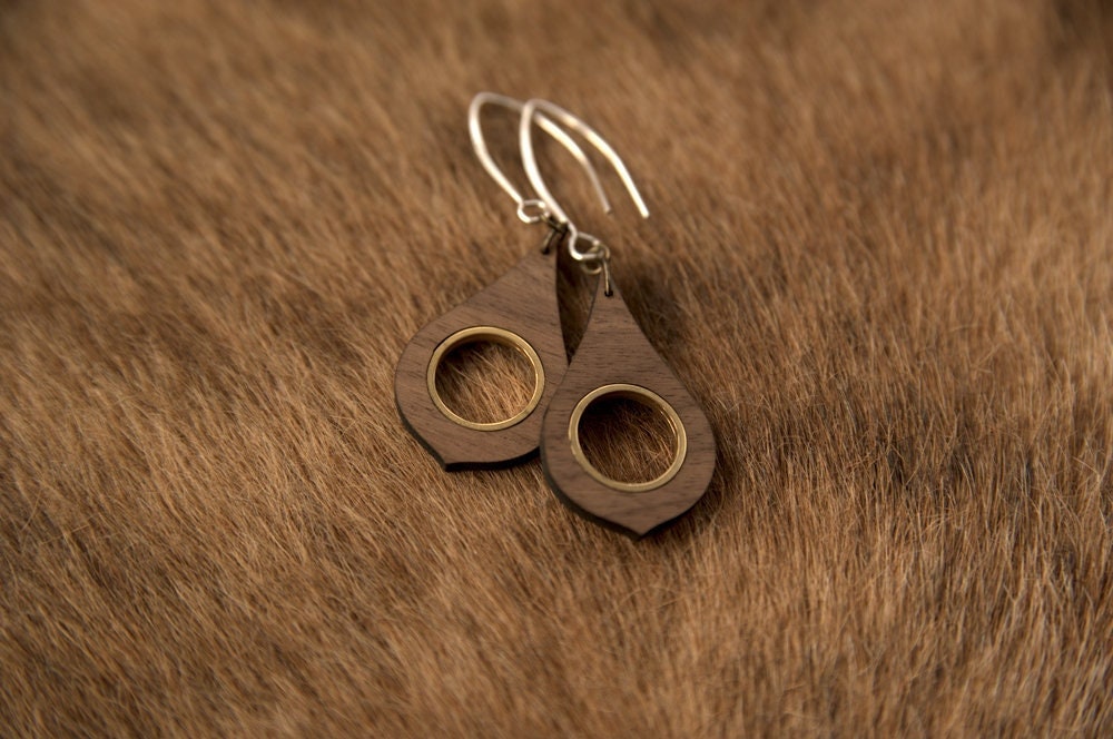 Walnut Wood Teardrop Earrings with Golden Metal Inlay – 925 Silver Hooks