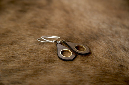 Walnut Wood Teardrop Earrings with Golden Metal Inlay – 925 Silver Hooks – view 2