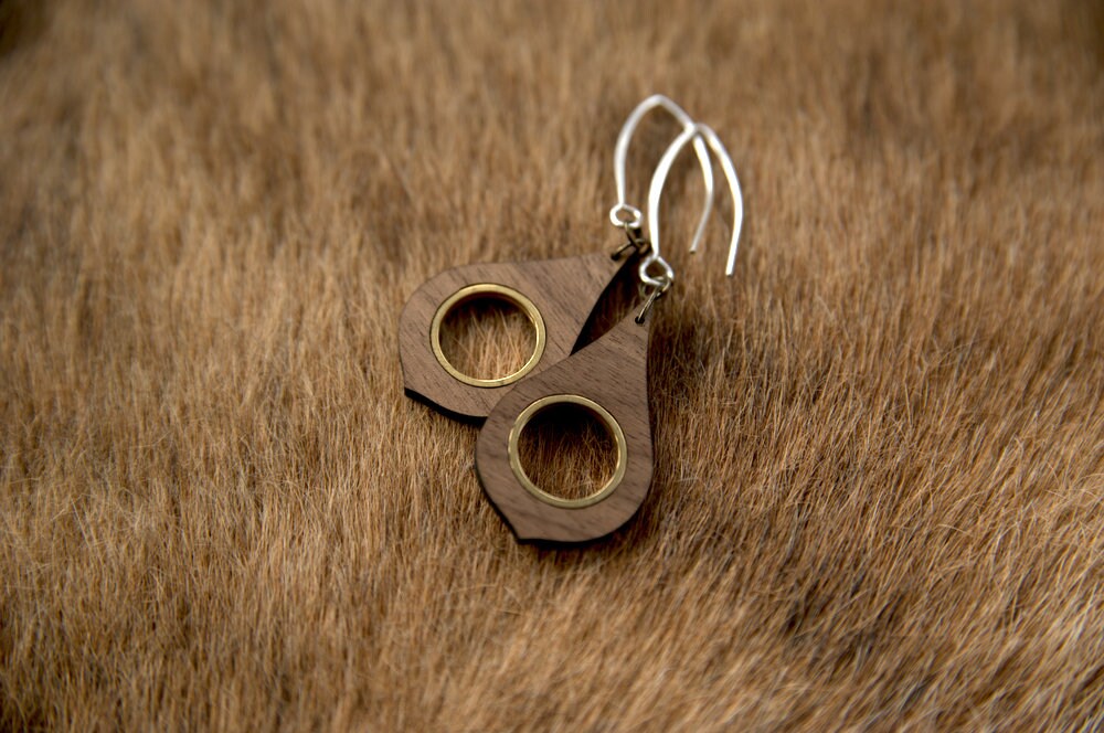 Walnut Wood Teardrop Earrings with Golden Metal Inlay – 925 Silver Hooks – view 3