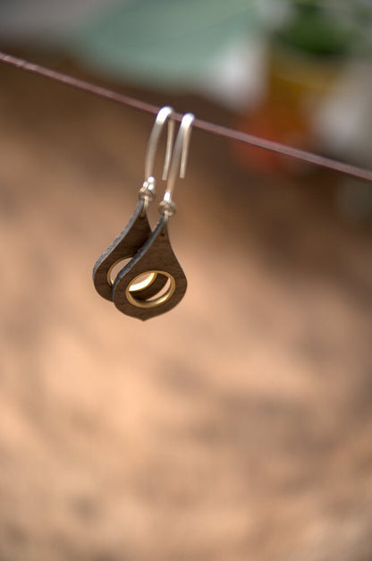 Walnut Wood Teardrop Earrings with Golden Metal Inlay – 925 Silver Hooks – view 4