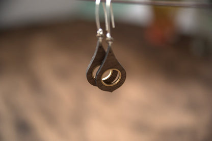 Walnut Wood Teardrop Earrings with Golden Metal Inlay – 925 Silver Hooks – view 5