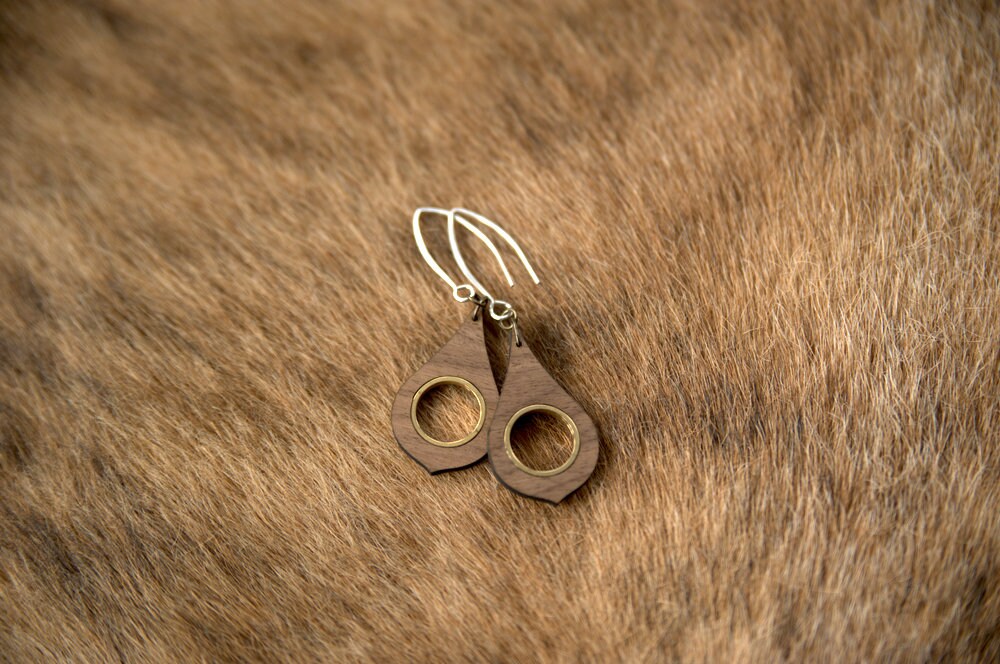 Walnut Wood Teardrop Earrings with Golden Metal Inlay – 925 Silver Hooks – view 7